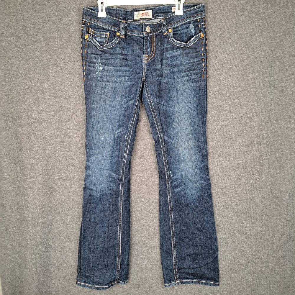 MEK Denim Oaxaca Bootcut Jeans Womens 34x33 Dark Wash Embroidered Distressed